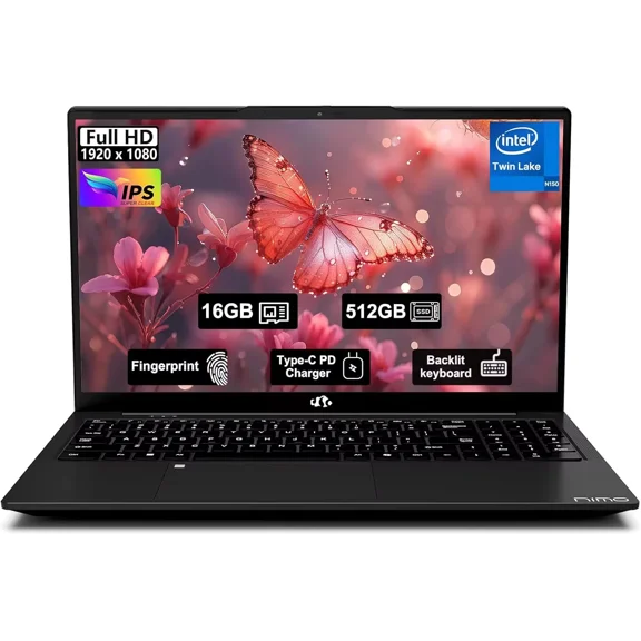 15.6" FHD IPS 2025 Business Laptop Computer Windows 11 16GB RAM 512GB SSD,4 Cores 13th Gen Intel N150(Up to 3.6GHz) 65W Type C Fingerprint Numpad Backlit Keyboard WiFi 6