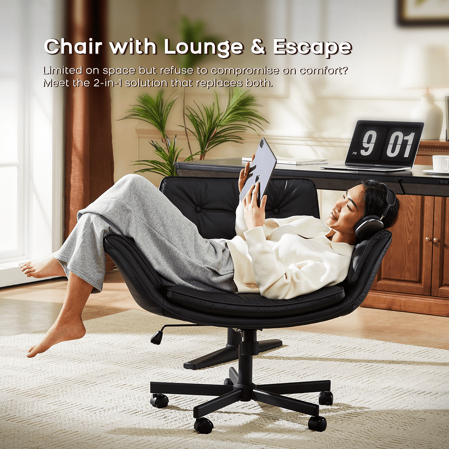 TMV Criss Cross Chair with Wheels & Armrests, Comfy Wide Vanity Chair, PU Leather Cross Legged Desk Chair, Height Adjustable Computer Office Desk Chairs for Home＆Makeup＆Bedroom，Black