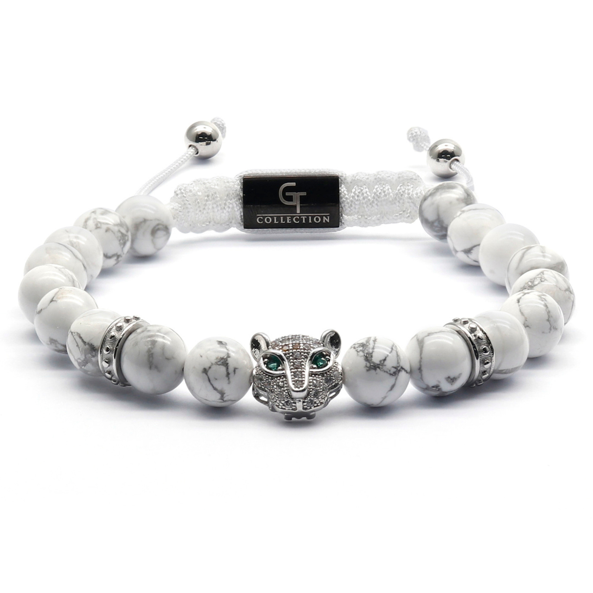 Men's WHITE HOWLITE Bracelet With Silver LEOPARD Head | Gift for Men | One Size Fits All | 100% Natural | Gemstone Adjustable Bracelet