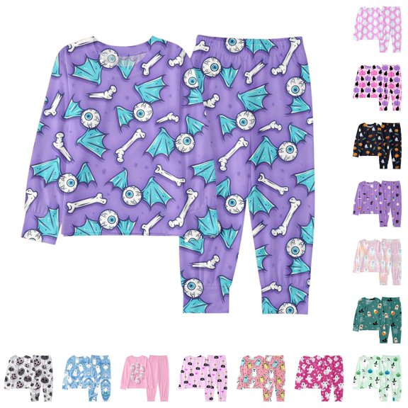 CUZIBR Girls Halloween Pajamas Outfits Sets Colorful Cartoon Ghost Star Cartoon Print Long Sleeve Crew Neck Top Pants Comfortable Casual Loungewear Kids Homewear,P-Purple,7Y
