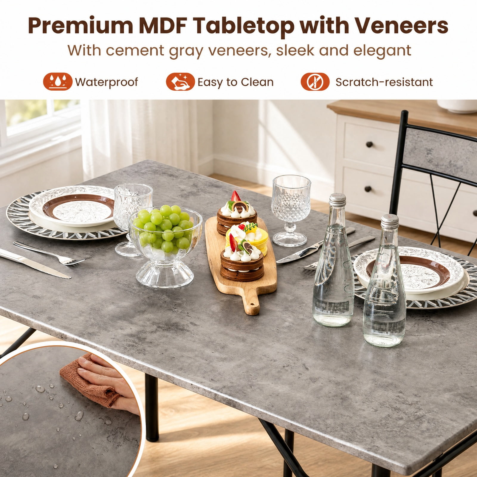 Furnibear 5 Piece Dining Table Set for 4 with Kitchen Table and Metal Frame Dining Chairs for Small Apartment Dining Room, Gray
