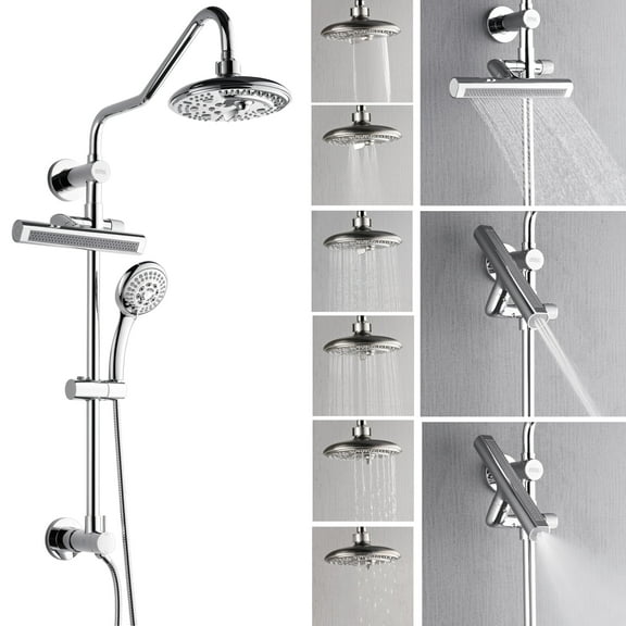FORNO ACQUA Shower System 6-Mode Shower Head, 5-Mode Handheld & 3-Mode Waterfall Body Jet. Polished Chrome, 2.5 GPM