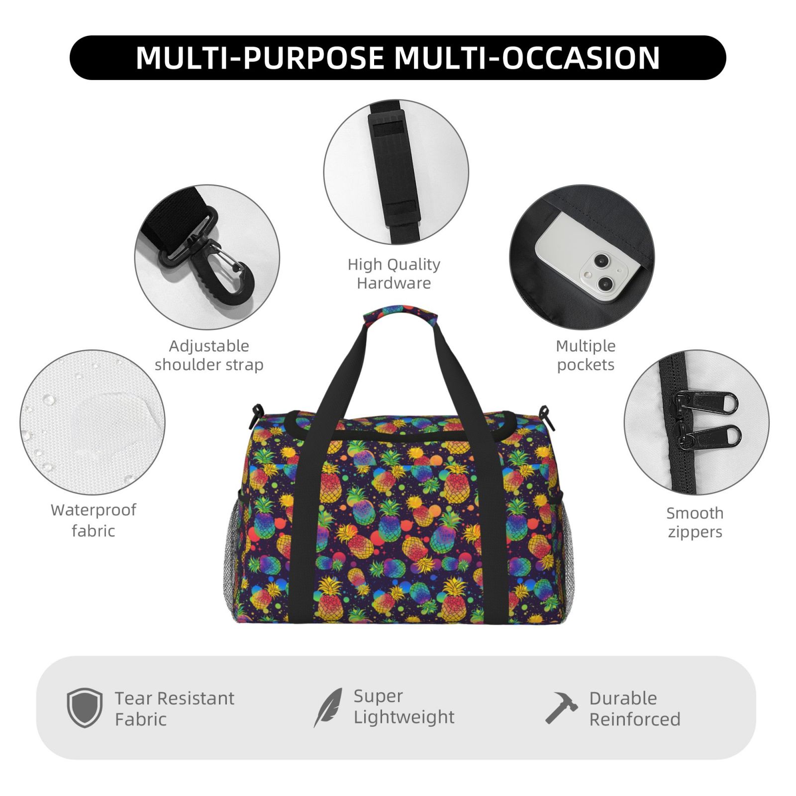 Fuzoiu Colorful Pineapples1 Print Travel Duffle Bag,Carry On Tote Bags,Duffel Bag,Sport Gym Bag, Hospital Bag for Labor and Delivery, Overnight Bag,Luggage Bag