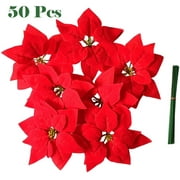 YHDSN Christmas Tree Ornaments Artificial Poinsettia Flowers 8 inch Velvet Poinsettia Red Centerpieces Fabric for Xmas Wreaths Garland Decorations (50pcs)