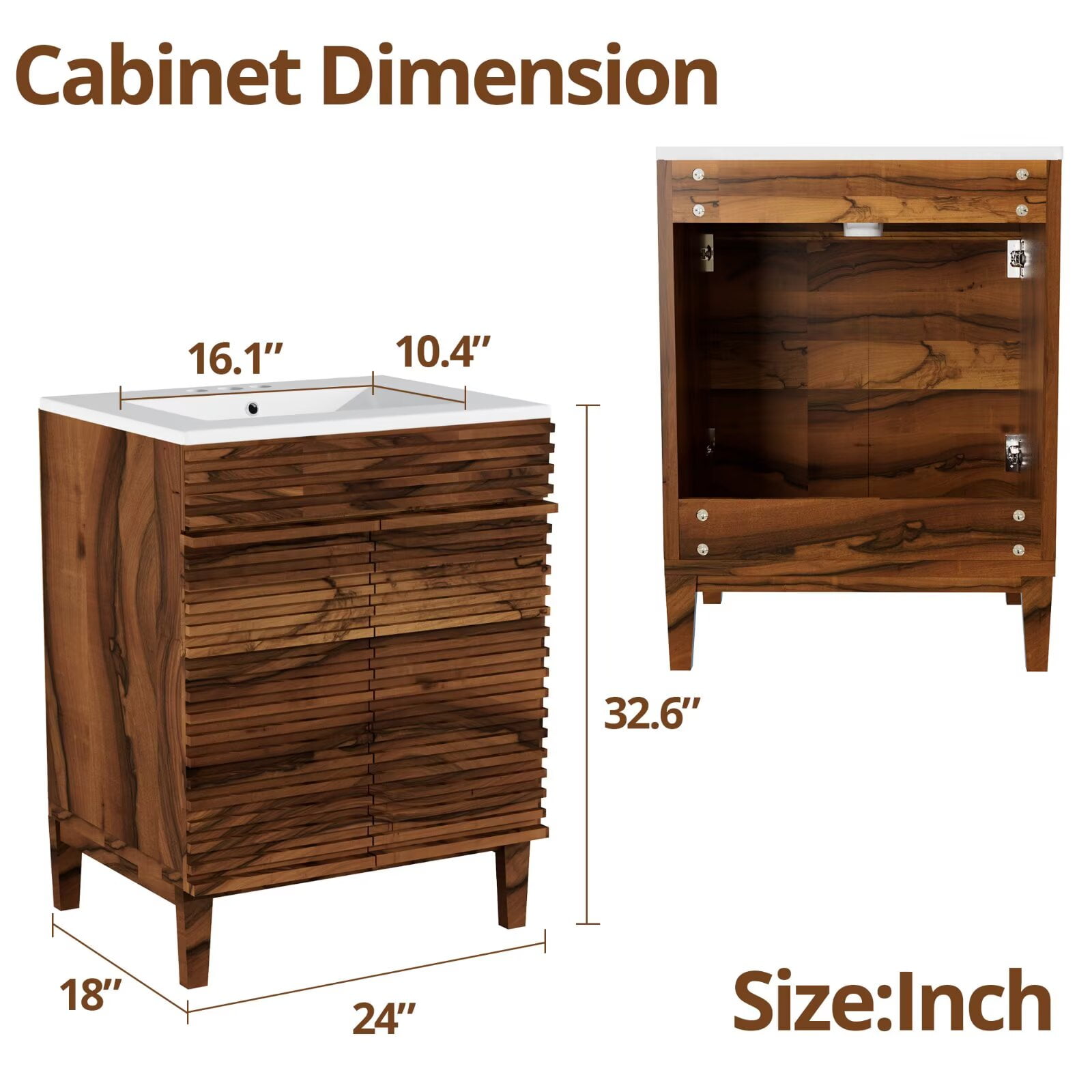 Nature Acacia Wood Bathroom Vanity with Integrated Ceramic Sink, 24" Freestanding Bathroom Vanity Cabinet with 2 Invisible Soft Closing Doors, Acacia Wood Grain