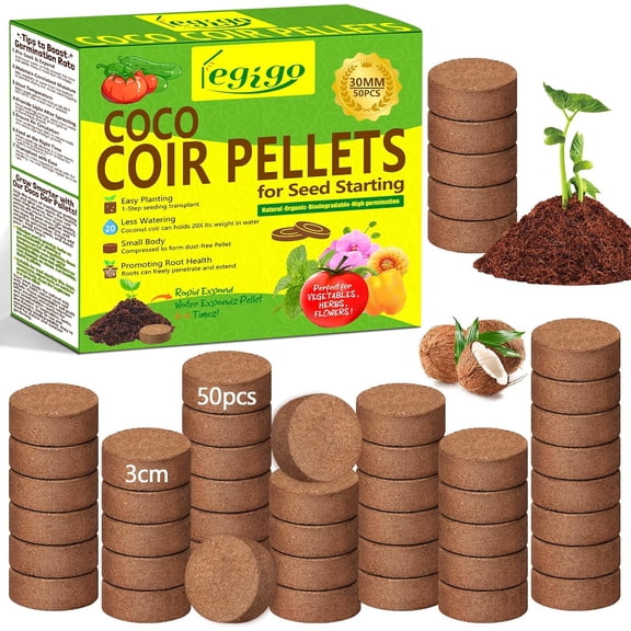 50 Pcs 30mm Coco Coir Pellets Seed Starter Soil Mix- Organic Coconut Potting Pods for Seedling, Peat Discs Indoor & Outdoor Plants Bonsai Herbs Vegetables and Flowers