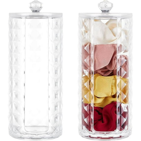 2pcs Scrunchie Holder Organizer Clear Acrylic Scrunchie Display Stand Diamond Pattern Hair Ties Holder Organizer with Lid Portable Hair Band Holder for Women 2.8x6.9inches