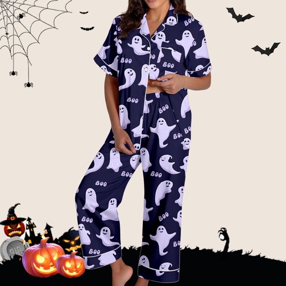 FASHOFT Women's Halloween Pajama Set Funny Ghost Pumpkin Print Silk Button Down Long Sleeve Pjs Lounge Sleepwear Dark Purple L