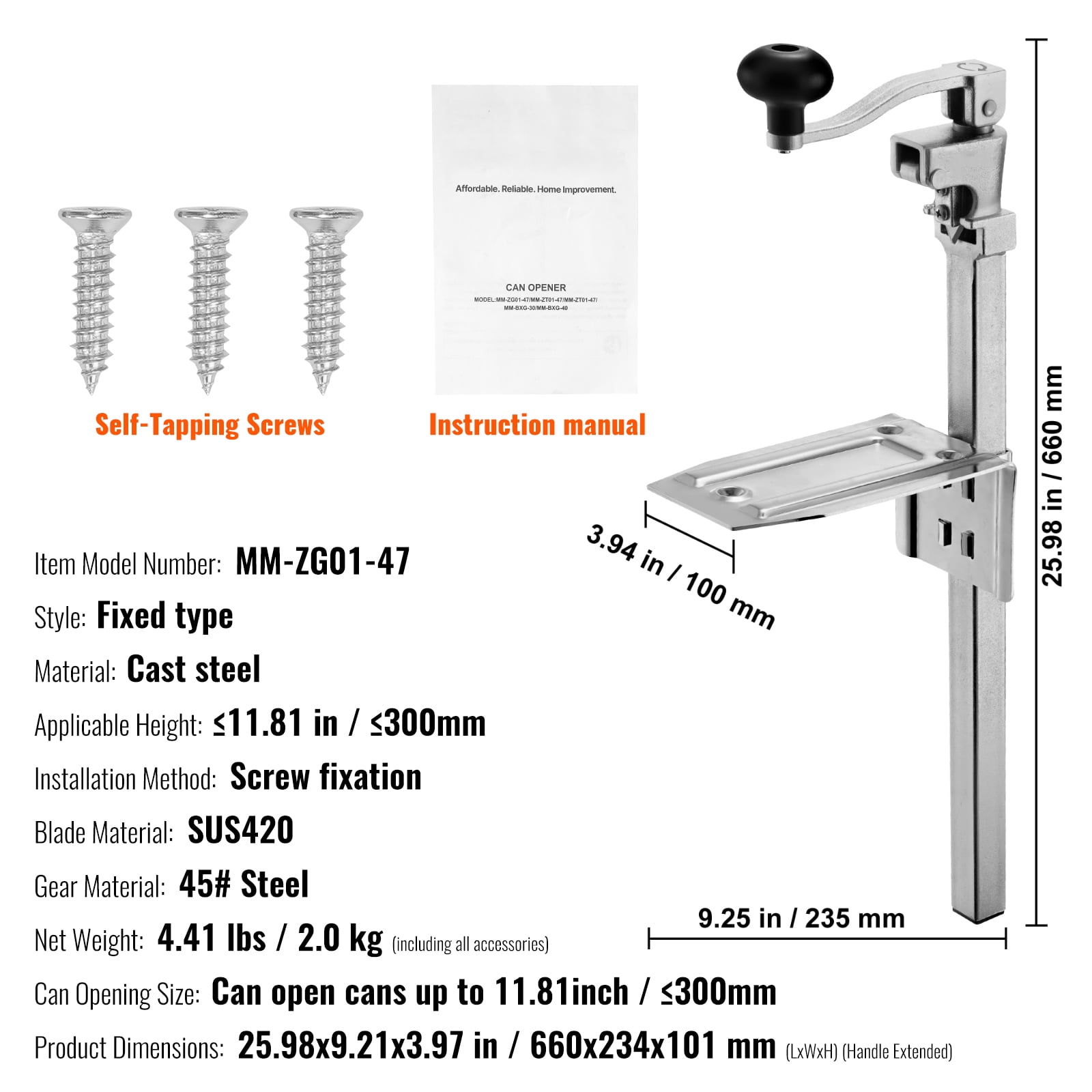 KFFKFF Commercial Manual Can Opener, Durable Tabletop Can Opener for Cans Up to 11.8 Inches Tall, Adjustable Height Design with Screw Mounting, Ideal for Restaurants, Hotels, and Food Stores
