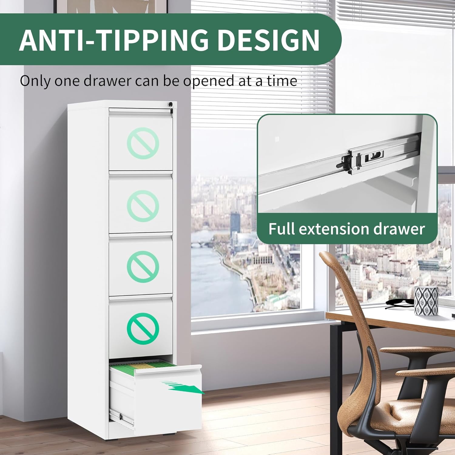 Vertical File Cabinets with Lock for Home Office, Heavy Duty Office Steel Filing Cabinet for Hanging Letters/Legal/A4, Assembly Required