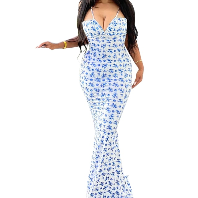 Honganda Women's Spaghetti Strap Dresses Drawstring Design Floral Print Slim Fit Long Bodycon Dresses Perfect for Summer Spring