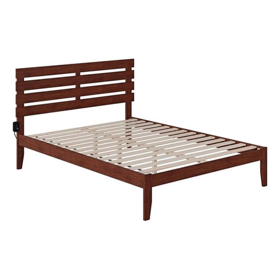 Pemberly Row Modern Solid Wood Queen Bed with USB Charging Station in Walnut