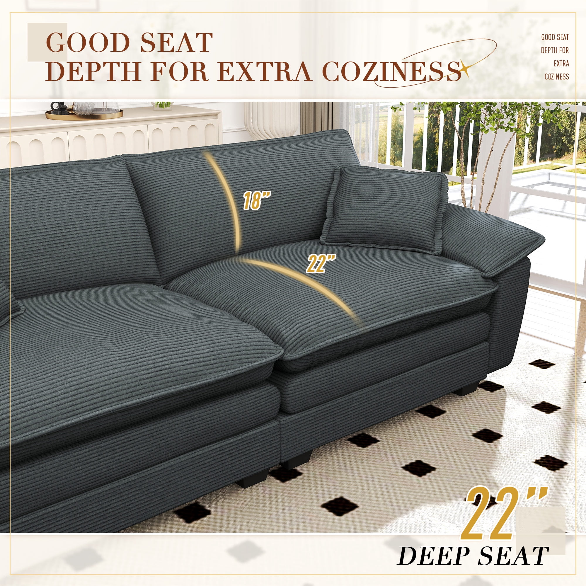 Lunale 80.5" Oversized 2 Seater Corduroy Sofa, Deep Seat Sleeper Cloud Couch for Living Room, Gray