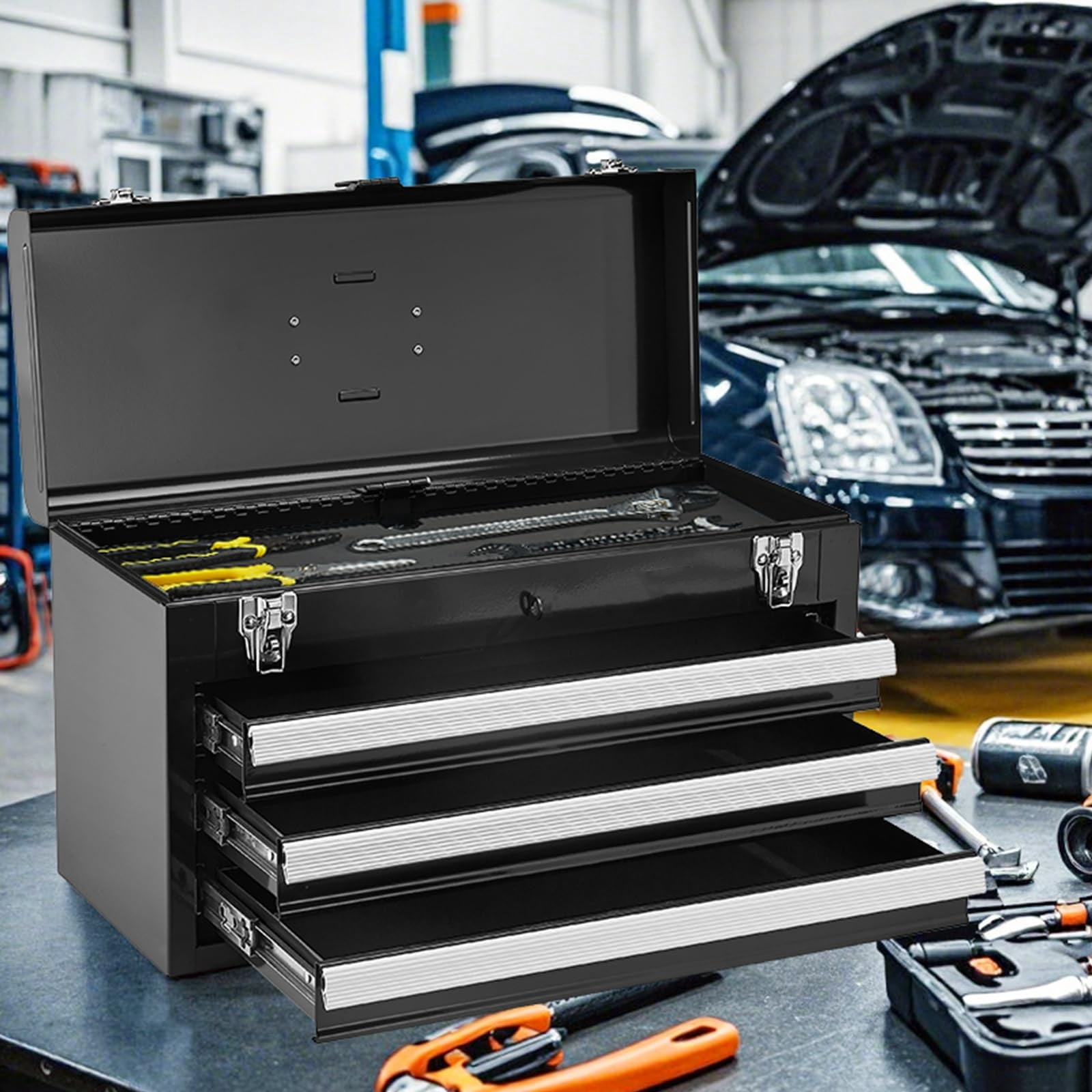 Metal Tool Box, 20.5-inch, Portable Metal Tool Box with 3 Drawers, Small Tool Chest with EVA Liners, Ball Bearing Slide Drawers Locking & Powder Coated Finish, Multi-Function Tool Organizer