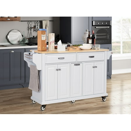 Kitchen Carts Kitchen Island with Rubber wood Countertop Kitchen Cart on 5 Wheels with Storage Cabinet and 2 Top Drawers and A center double layered storage drawer for Dinning Room White
