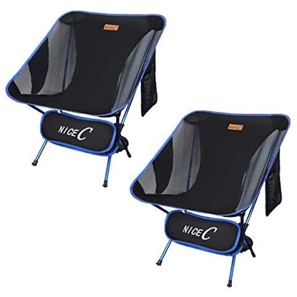 Nice C Chaise de Camping Ultralégère Portable Pliable pour Sac à Dos, Compacte et Robuste pour l'Extérieur, Camping, BBQ, Plage, Voyage, Pique-Nique, Festival avec 2 Sacs de Rangement et Sac de Transport (Lot de 2 Bleus)