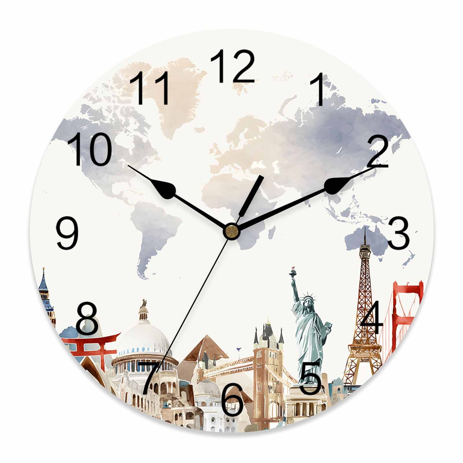 Wall Clock World Map Clocks PVC Silent Non-Ticking Battery Operated Decorative Famous Building Tourism Landscape Round Clock for Home Living Room Kitchen Bedroom Office School Wall Decor 10 Inch