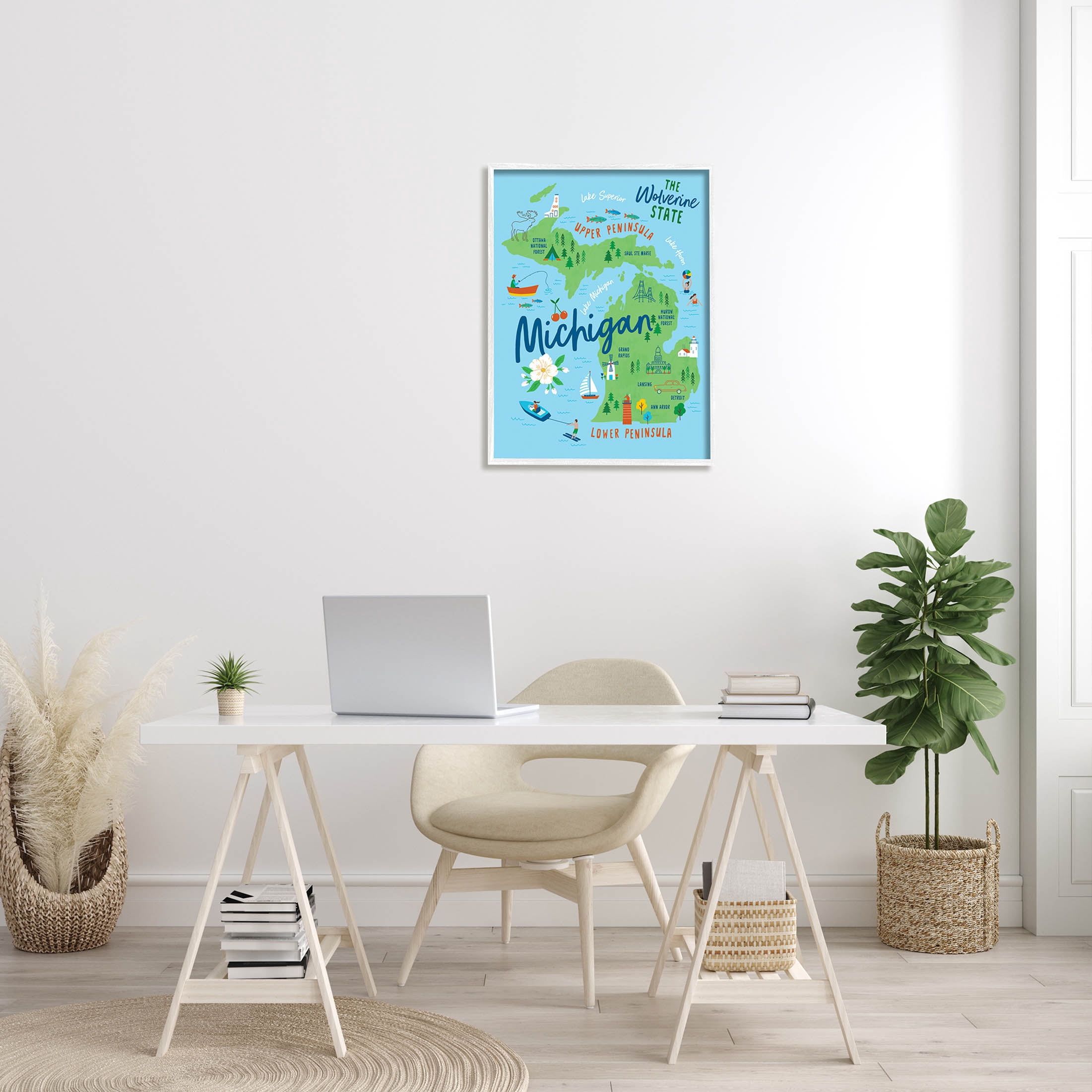 Stupell Industries Everyday Michigan Illustrated Map Graphic Art White Framed Art Print Wall Art, Design by Nina Seven