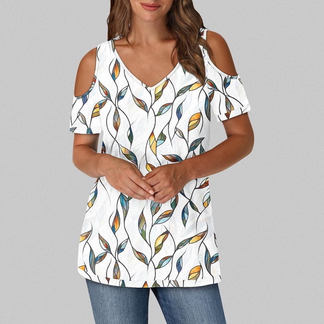 Soki Blouses à Épaules Dénudées pour Femmes en Liquidation Manches Courtes Col en V Tops à la Mode