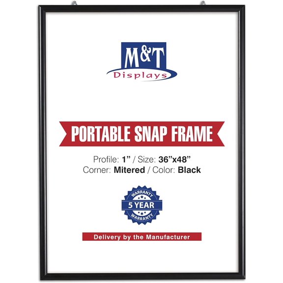 M&T Displays Portable Snap Poster Frame 36x48 Inch Black 1" Aluminum Profile Front Loading Wall Mounting Photo Picture Document Certificate Sign Holder Mitered Corner Anti Glare Cover