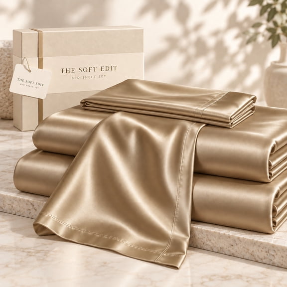 Luxury Solid Satin Sheet Set, Silky Smooth Soft Bedding Sheets, 3/4 Pieces Bedding Set for Bedroom, Machine Washable(Light brown,Twin)
