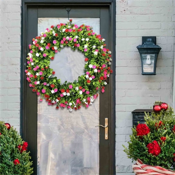 Farmhouse Spring Wreath 13.4 Inch - Colorful Cottage Artificial Wreath for Front Door, All Seasons Home Decor for Wall Window, Festival Party Hanging Ornament