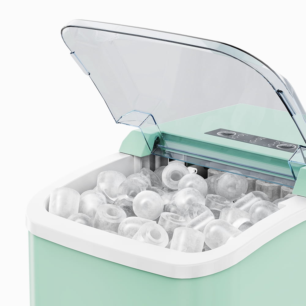 Portable Self Cleaning Countertop Ice Maker Machine, 6 Mins/9 Pcs, 26.5lbs/24Hrs, 2 Sizes of Bullet Ice, Ideal for Kitchen, Office, and Parties, Stainless Steel Green Ice Maker with Scoop and Basket