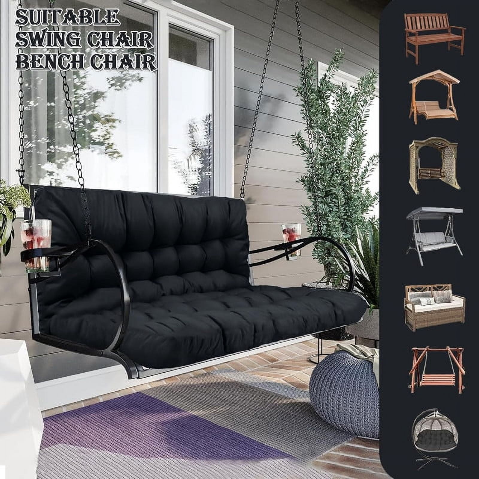 Replacement Cushions for Swing, Waterproof Porch Swing Cushion, 2-3 Seat Outdoor Bench Cushion with Backrest for Patio Furniture Garden Porch Loveseat Glider Pad (Black 70*40in)