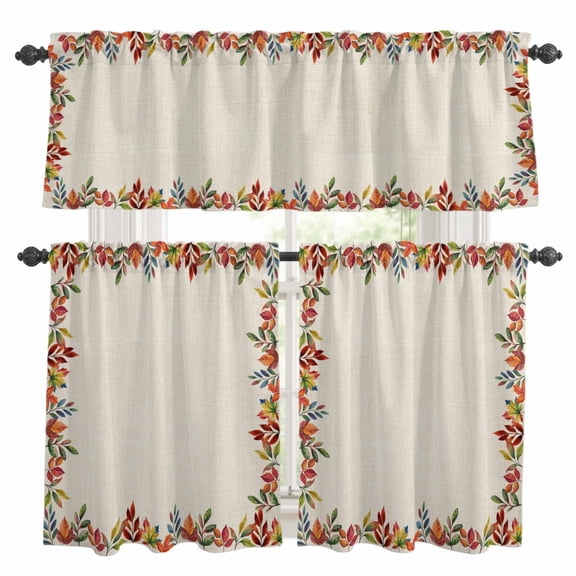 Fall Vintage Maple Leaves Kitchen Curtains Sets for Windows 36 Inch Length, Retro Art Watercolor Rustic Rod Pocket Window Treatments Tier Curtains and Valances Set for Bedroom/Bathroom