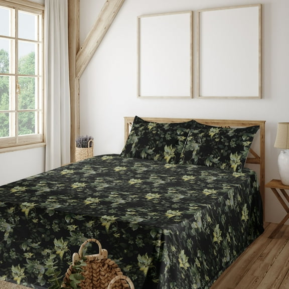 Leaf Print Sheet Set, Botanical Design Ornament of Leaves on Dark Backdrop Vintage Feels, Fitted & Flat Sheet with Pillowcase Bedding Accent 4 Pcs Set, King, Charcoal Grey and Green, by Ambesonne