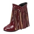 thumbnail image 1 of Bottes Mi-Mollet Larges à Longues Franges pour Femmes avec Talons Compensés Cachés Boho à Franges en Cuir Bout Rond Bottines Courtes Habillées, 1 of 6