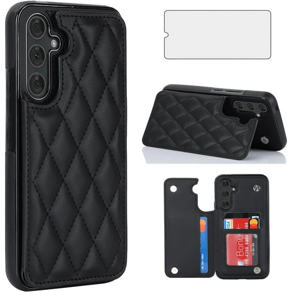 HCTian Phone Case for Samsung Galaxy A16 5G/4G Wallet Cover with Tempered Glass Screen Protector and Leather RFID Credit Card Holder Stand Slot Rugged Mobile Cell Accessories A 16 Women Men