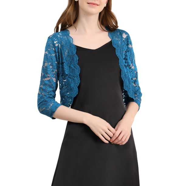 Inspire Chic Cárdigan de Encaje Floral para Mujeres con Mangas 3/4, Top Transparente, Azul Lago M