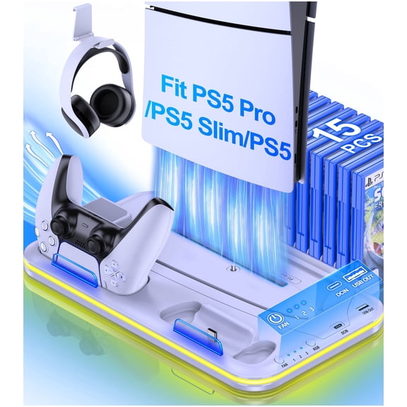 PS5 Stand with Cooling Station for PS5 Slim,QQV Dual Controller Charger for PS5 Digital & PS5 Disc Version,PS5 Accessories with RGB Light & Headset Holder