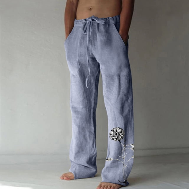 Pantalones largos de verano para hombre, de algodón y lino, con pierna ancha, estampados, con cordones, para deportes y vacaciones