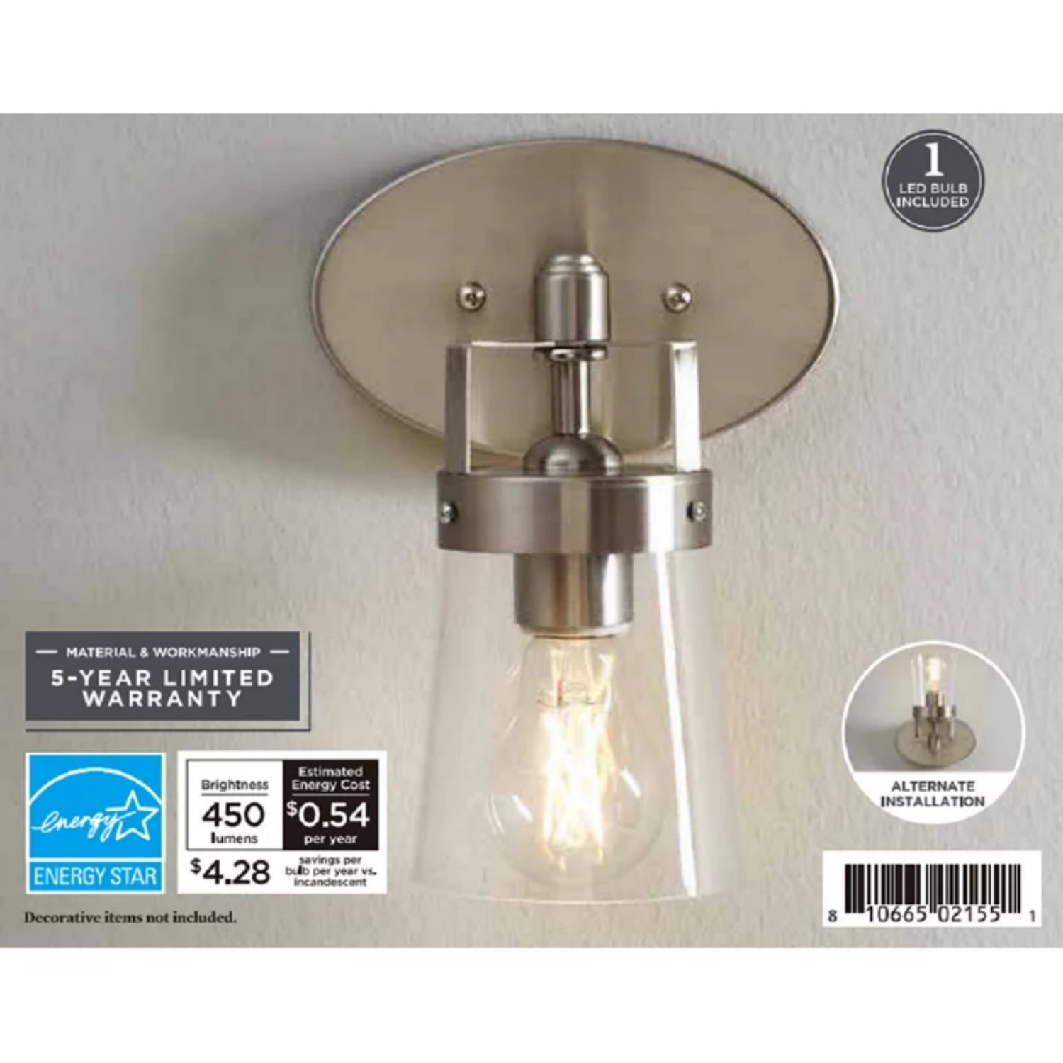 Better Homes & Gardens Modern Wall Sconce, Glass Shade Satin Nickel Finish, A19 LED Bulb Included