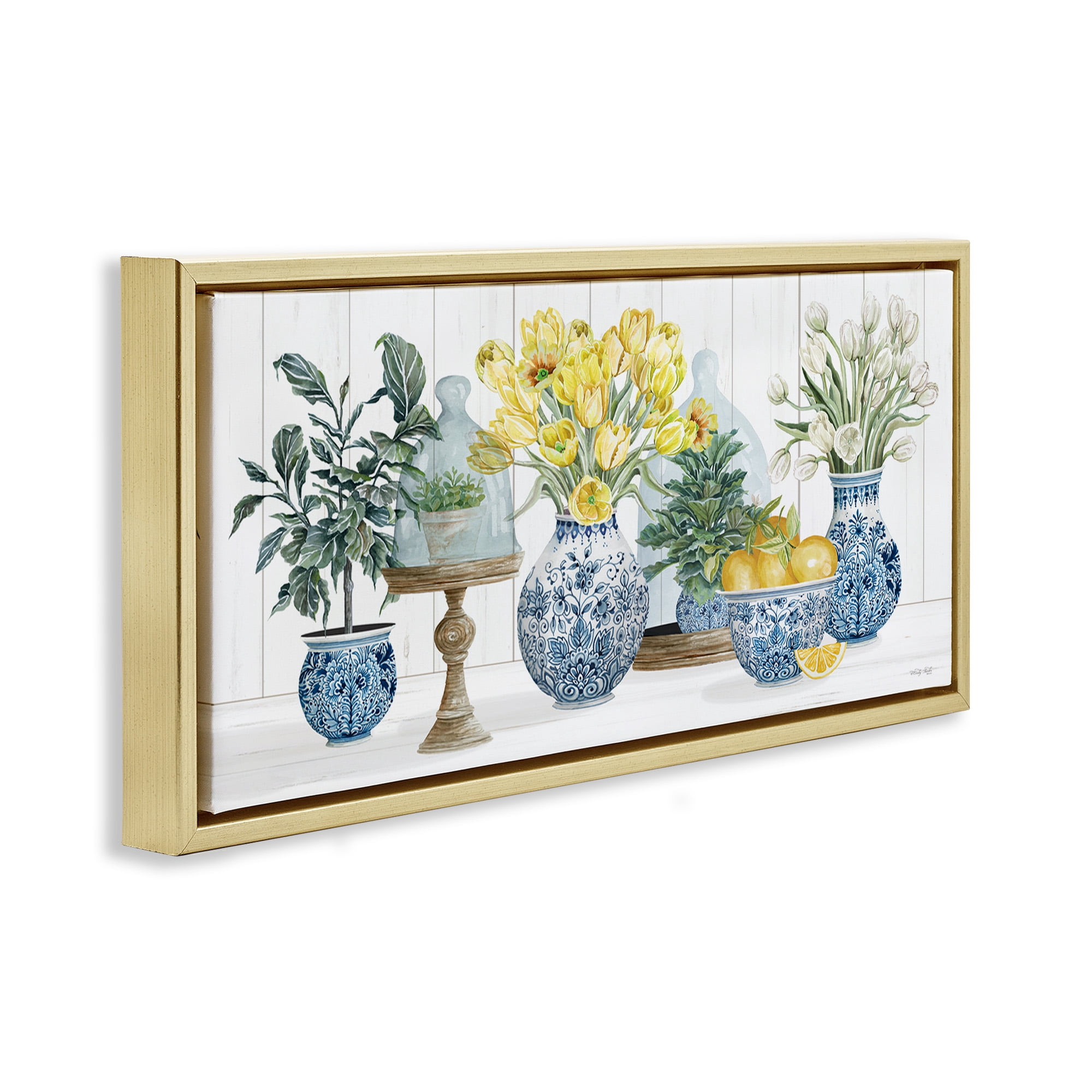 Stupell Industries Yellow Tulips & Lemon Fruits Botanical & Floral Painting Gold Floater Framed Canvas Art Print Wall Art, 31 x 14