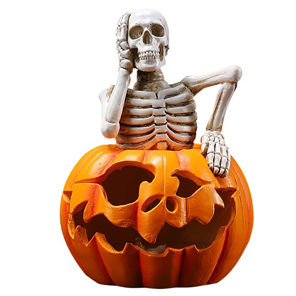 Halloween Skull Pumpkin Figurine - Style A (Not Listening) - Resin Decor for Living Room or Festival Displays