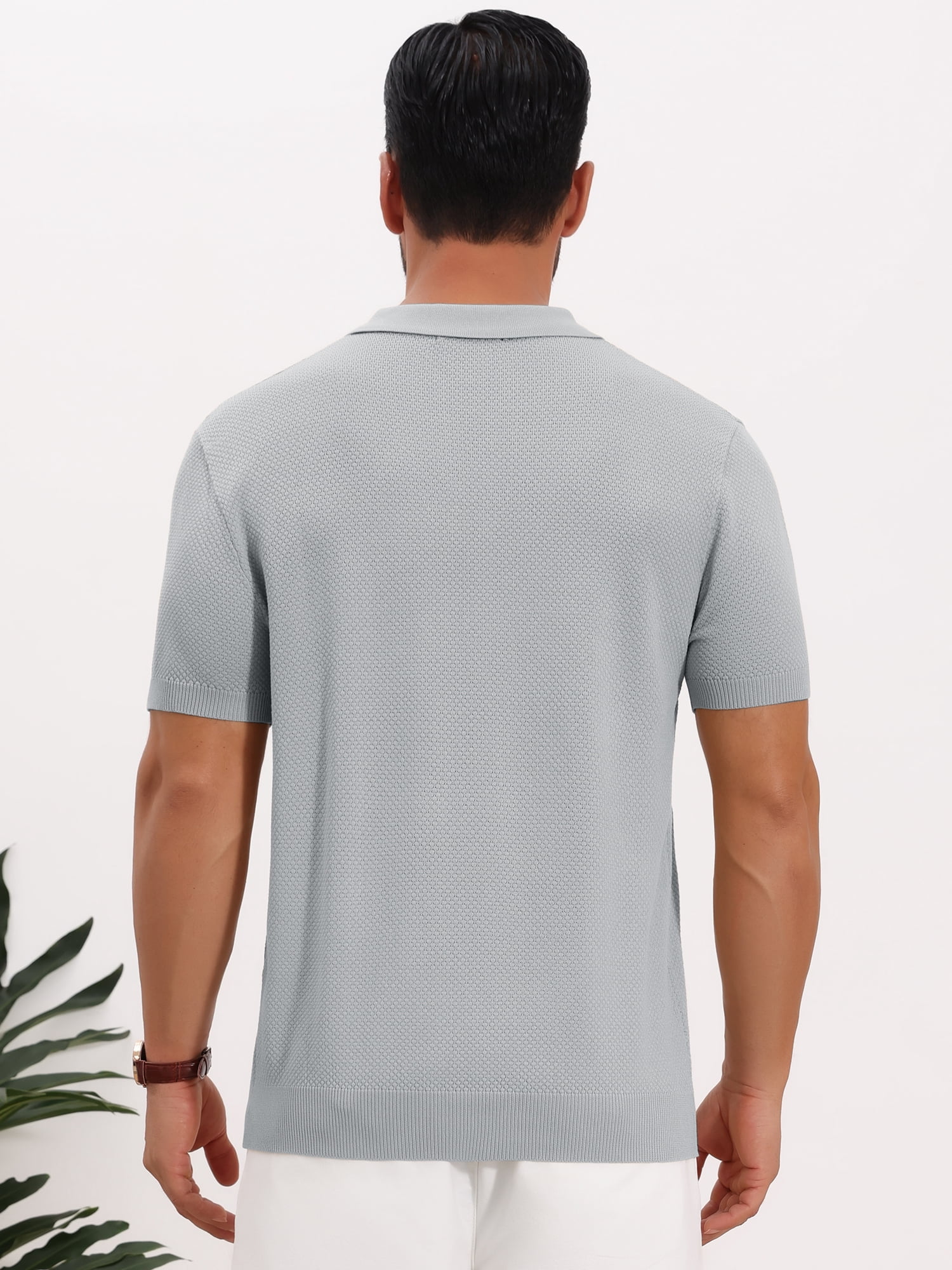 DARING DIVA Men's Textured Knit V Neck Short Sleeve Casual Golf Polo Shirt S Light Gray