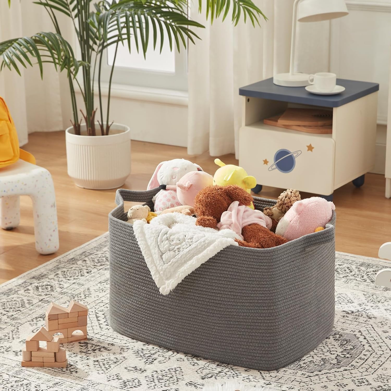 108L Extra Large Blanket Basket, 24.8" x 16.2" x 16.2" Rectangle Woven Storage Baskets for Living Room, Nursery, Bedroom, Toy Basket with Handle (Dark Grey)
