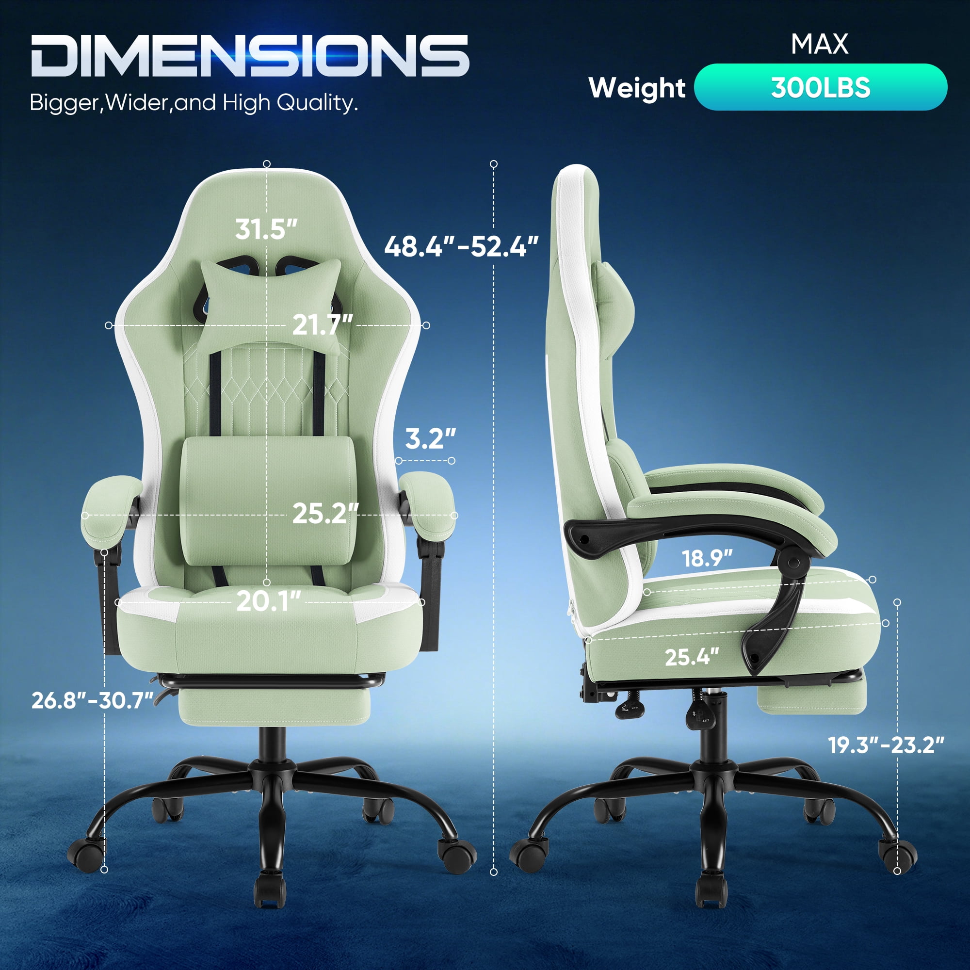 Gianna Gaming Chair with Footrest, Ergonomic High‑Back Computer Chair with Lumbar Support, Adjustable Height & Headrest, Green