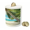 thumbnail image 3 of Ocean Piggy Bank, Shadow Shade of a Coconut Palm Tree on White Sandy Seashore Image, Ceramic Coin Bank Money Box for Cash Saving, 3.6" X 3.2", Pale Green Pale Blue, by Ambesonne, 3 of 4