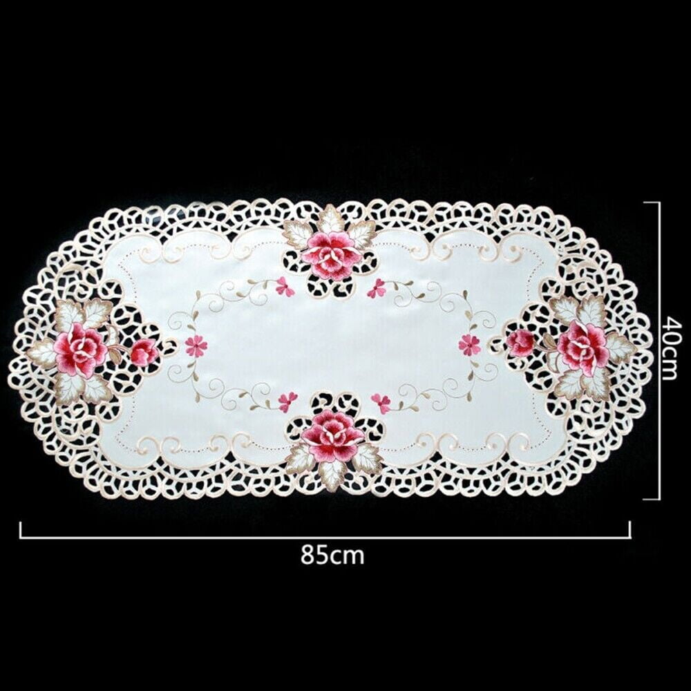 White Oval Embroidered Tablecloth Flower Coffee Table Cloth Doily Satin