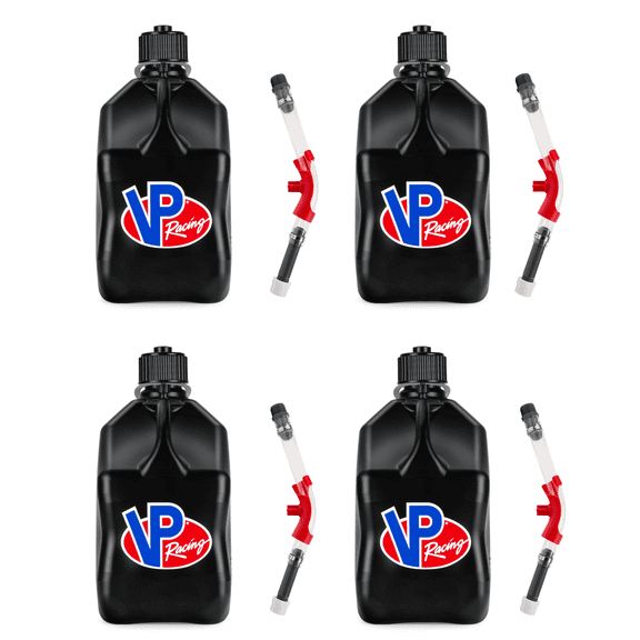VP Racing 3582-CA, SQUARE Motorsport Jug 5.5 GALLON -Black, With Deluxe Filter Hose, and Hose Bender - (4 Pack)