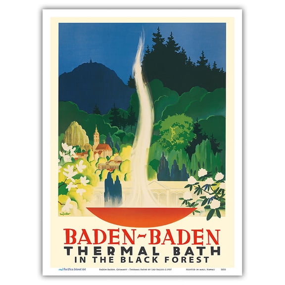 Baden-Baden Germany - Thermal Baths in the Black Forest - Vintage Travel Poster by Leo Faller c.1937 - Master Art Print (Unframed) 9in x 12in