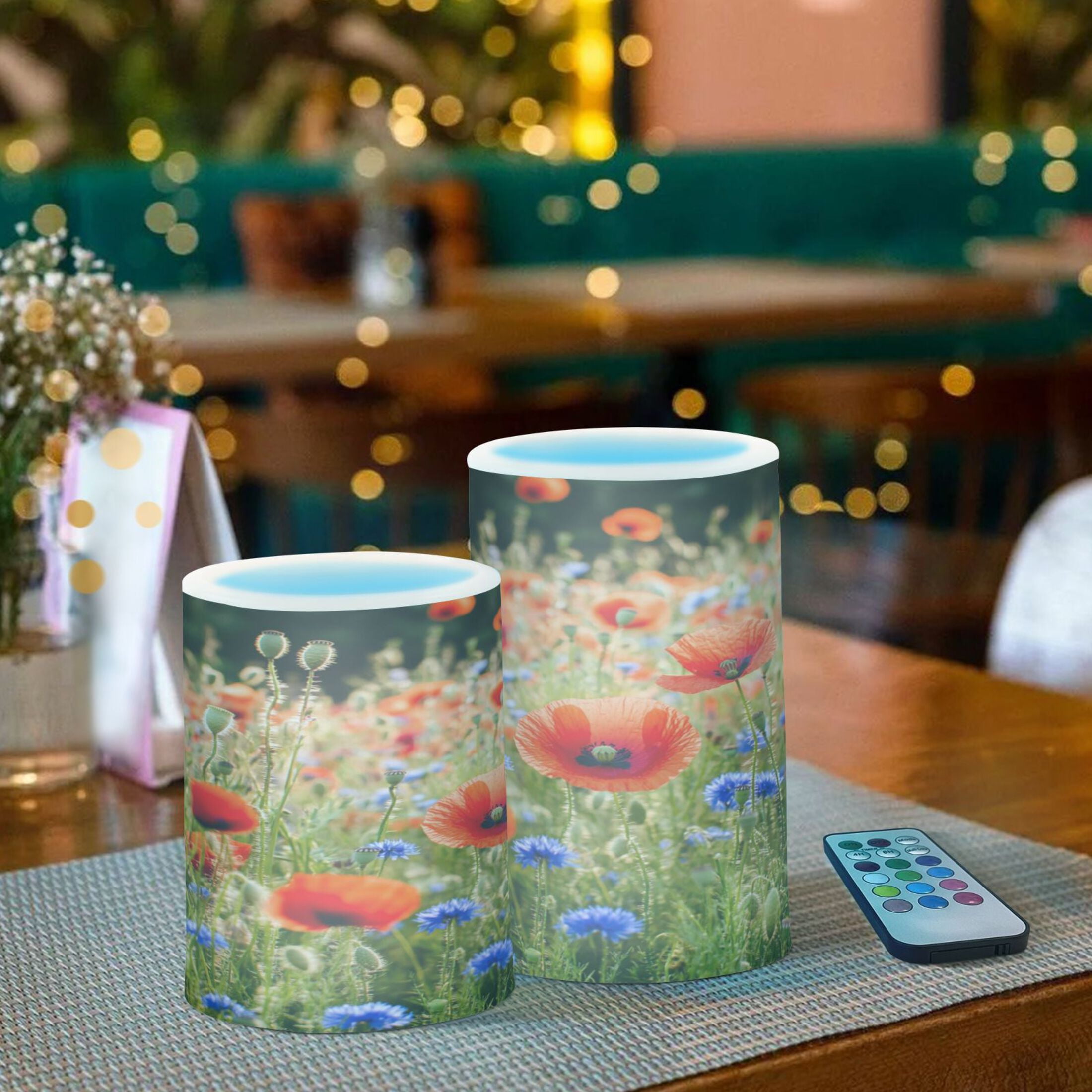 2 PCS Flameless Candles with Remote Timer LED Battery Operated Flickering Candle Light for Wedding Table Home Decoration Gifts Field Of Wildflowers