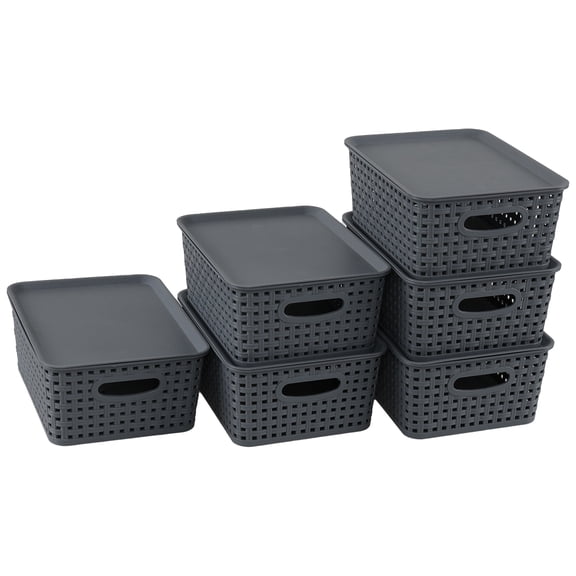 Callyne 6-Pack Plastic Storage Bin with Lid, Weave Plastic Storage Basket, Gray