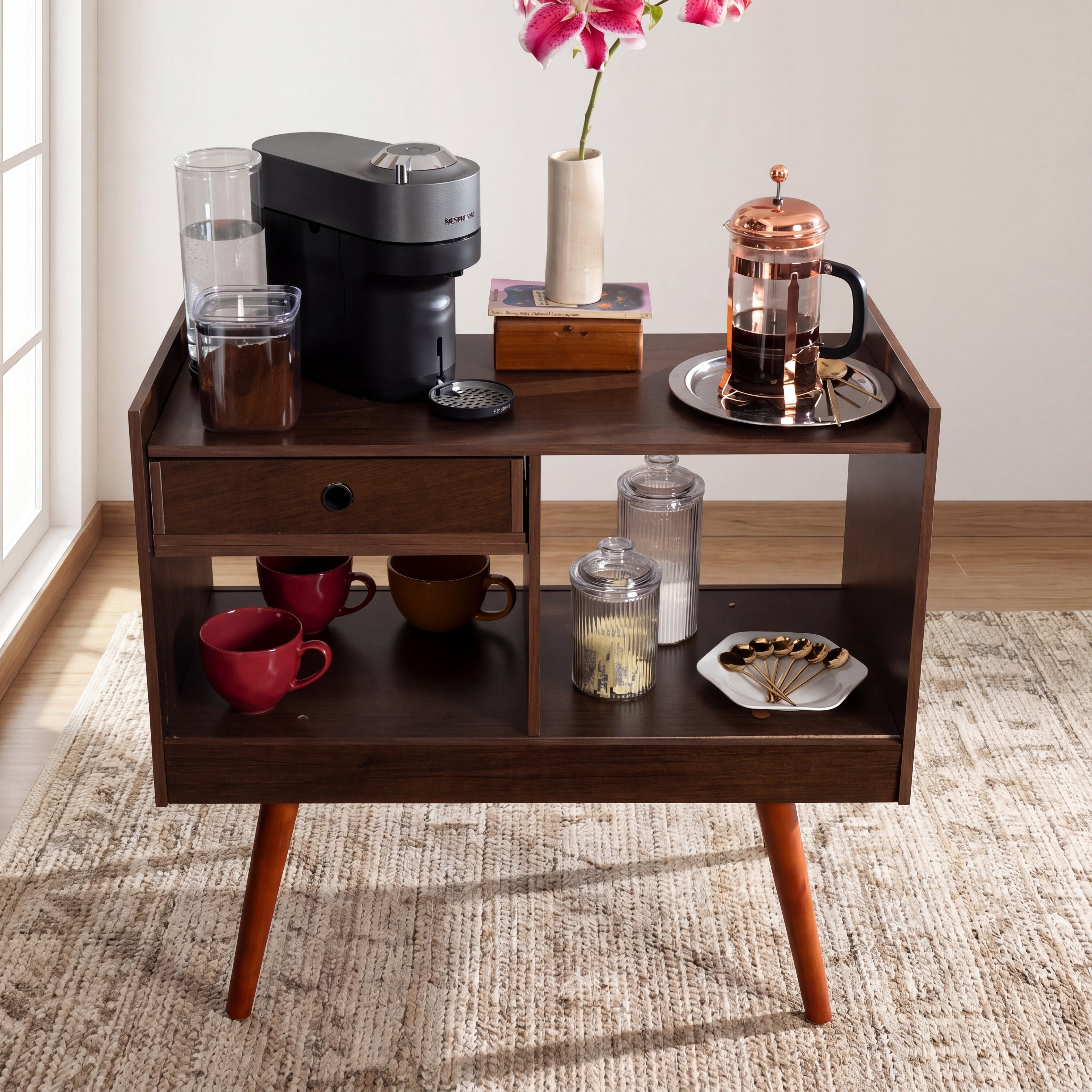 Ember Interiors Oxford Brown Modern Bar Cabinet with Wine Storage, Drawer & Open Shelves– Compact Design for Living Room or Kitchen