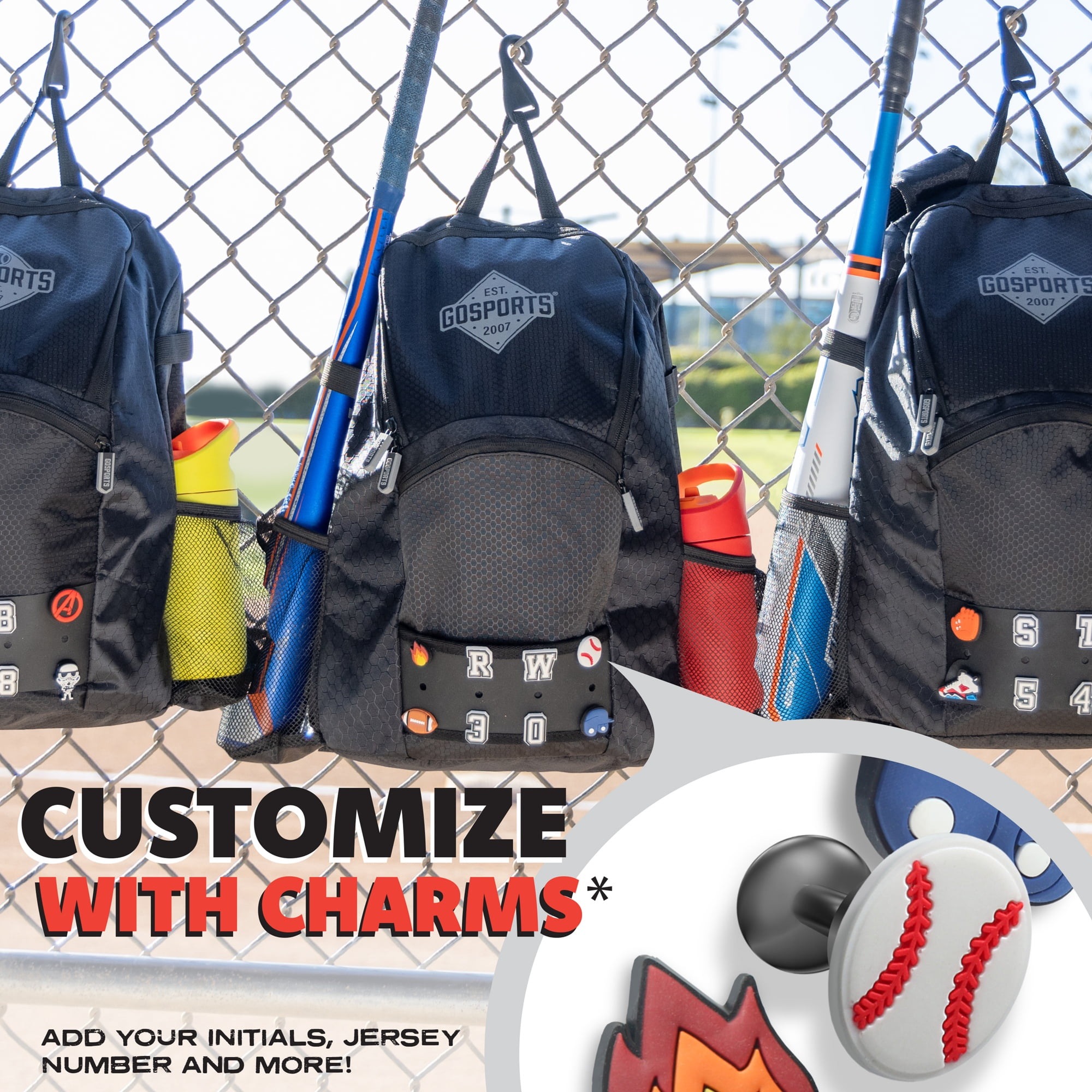 GoSports Youth Baseball and Softball Kids Backpack Bag with Customizable Charm Panel