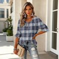 thumbnail image 6 of ZCNKMX Shirts for Women Crew Neck Plaid Grid Print 3/4 Sleeve Blouse, Tie Front Ruffle Hem Loose Relaxed Breathable Farmhouse Casual Outfits for Spring Summer Daily Country Style Tops Navy M, 6 of 7